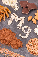 Inscription Mg and nutritious eating containing magnesium. Healthy nutrition as source vitamins, minerals and fiber