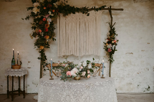 Romantic bohemian handmade macrame decor for wedding reception