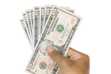 hand holding 10 dollar bills isolated on white background