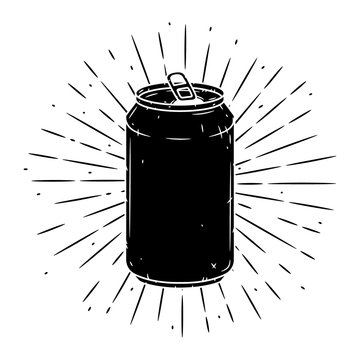Aluminum can. Hand drawn vector illustration with Aluminum can and divergent rays. Used for poster, banner, web, t-shirt print, bag print, badges, flyer, logo design and more.