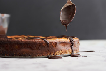 Baked vanilla and chocolate cheesecake.