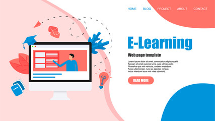 Webpage template with Online education or web course with distance teacher. E-learning concept	