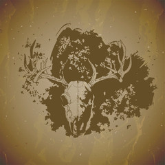 Vector illustration of hand drawn skull deer with grunge elements on vintage background. Sketch in sepia color.
