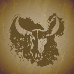 Vector illustration of hand drawn skull bull with grunge elements on vintage background. Sketch in sepia color.