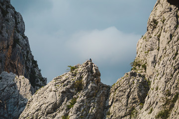 two climbers climb to the top of the mountain.