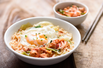 Kimchi noodle spicy soup with egg and vegetables, Korean food