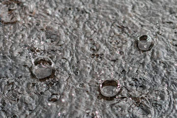 rain gray background. Drops on a puddle. close up