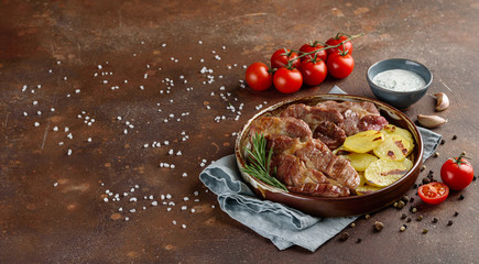 Grilled pork steaks with potato wedges. Roasted pork escalope with potato and sauce. Copy space 