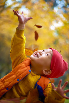 happy little boy playing with leaf in the autumn woods