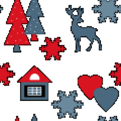 Seamless abstract pixel christmas pattern deer tree eve
