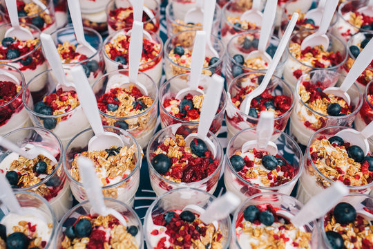 Breakfast yoghurt, granola and berry fruit snacks