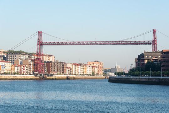 Hanging Bridge of Bizkaia from La Benedicta pier, Basque Country, Spain