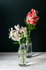 Alstroemeria flowers in glass bottles on black background