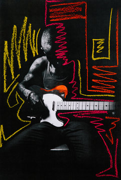 Low res mixed media print of a man playing electric guitar with chalk markings added