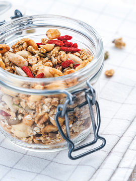 Granola with nuts in a jar
