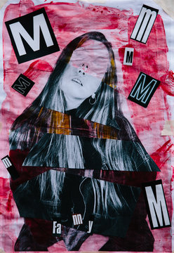 Collage combining low res photo of a woman with text and painted elements