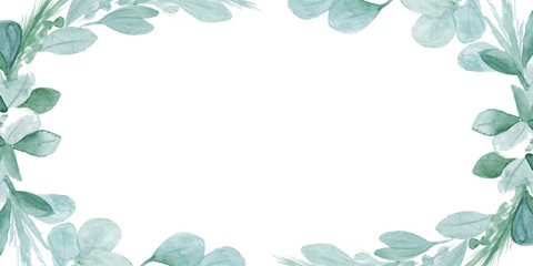 watercolor green leaves  isolated on white. Sketched wreath, floral and herbs garland. Handdrawn watercolour illustration