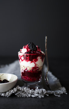 Vanilla cream with blackberry sauce and oats