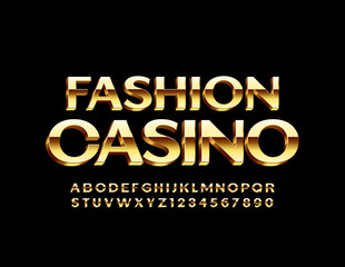Vector premium logo Fashion Casino with 3D Golden Font. Uppercase elite Alphabet. Luxury Letters and Numbers set