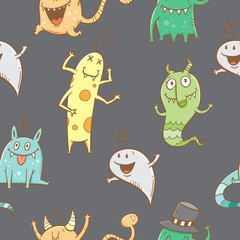 Seamless pattern with cute cartoon monsters on dark background. Doodle style.Vector contour image.