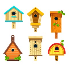 Obraz na płótnie Canvas Nesting boxes or birdhouses isolated icons wooden handicrafts