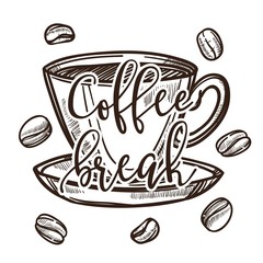 Coffee break cup and saucer beans cafe or bar isolated sketch