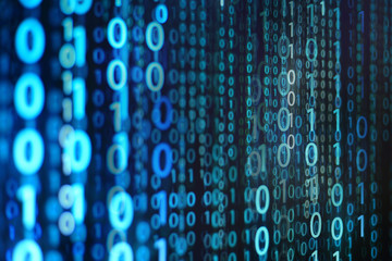 blue binary background. computer language matrix. multiple exposure photo of LED screen displaying information codes. cyber war and digital data transfer theme. ai and data analysis concepts.