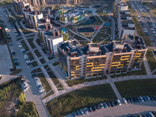 City downtown horizon in sunny morning, aerial view.