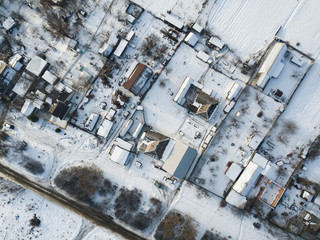 aerial panorama - small houses and snow