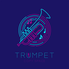 Trumpet, music note with line staff circle shape logo icon outline stroke set dash line design illustration isolated on dark blue background with saxophone text and copy space - 278316511