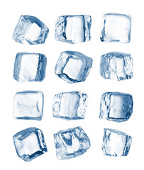 Set of peaces of pure blue natural crushed ice. Ice cubes. Clipping path for each cube included.