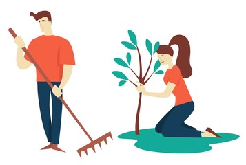 Man and woman planting tree gardening and growing hobby