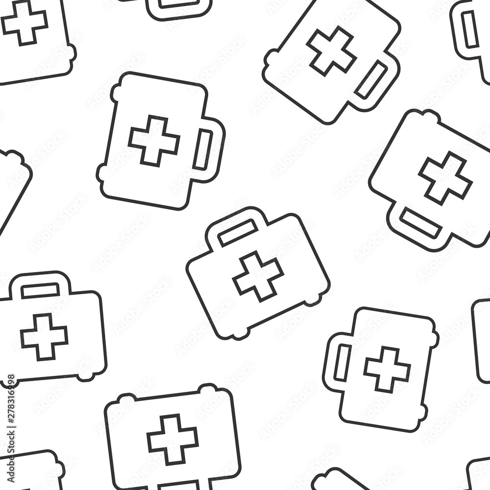 Wall mural first aid kit icon seamless pattern background. health, help and medical diagnostics vector illustra