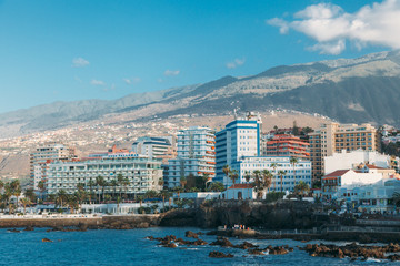 Beautiful view of the tourist town of Puerto de la Cruz or Crossport and beach Jardin in the est of...
