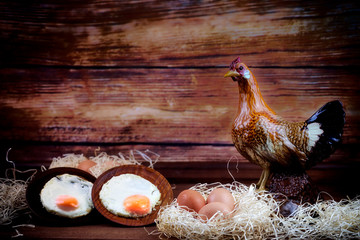 Fresh eggs and fried eggs