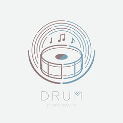 Snare drum, drumstick, music note with line staff circle shape logo icon outline stroke set dash line design illustration isolated on grey background with drum text and copy space
