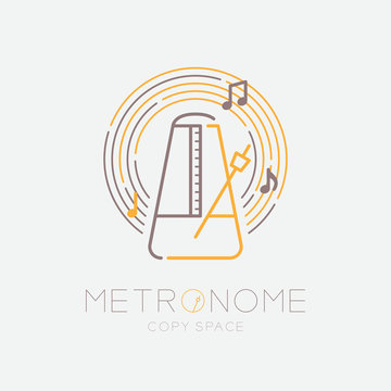 Metronome, music note with line staff circle shape logo icon outline stroke set dash line design illustration isolated on grey background with metronome text and copy space