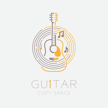Acoustic guitar, music note with line staff circle shape logo icon outline stroke set dash line design illustration isolated on grey background with guitar text and copy space
