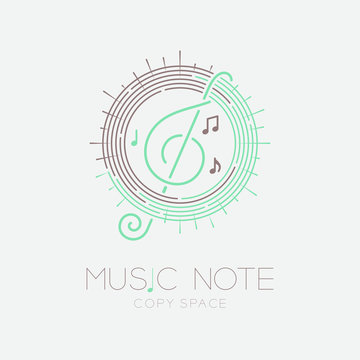 Music note with line staff circle shape logo icon outline stroke set dash line design illustration isolated on grey background with music note text and copy space