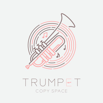 Trumpet, music note with line staff circle shape logo icon outline stroke set dash line design illustration isolated on grey background with saxophone text and copy space