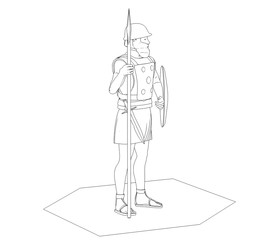 Fototapeta na wymiar warrior character, contour visualization, 3D illustration, sketch, outline