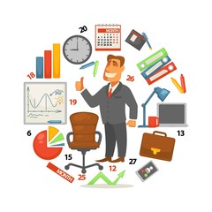 Business equipment businessman and work items graphics and charts