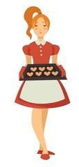 Girl holding tray with cookies isolated female character housewife