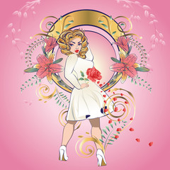 Fototapeta premium Blonde girl in white dress with floral