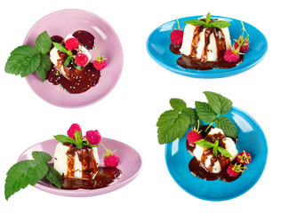 Cream pudding with chocolate sauce, raspberry and mint