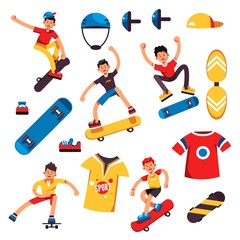 Skateboarder skateboarding sport boy on skateboard and equipment isolated objects