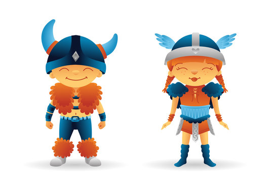 Cartoon vikings set cute color characters in scandinavian costume. Children's theme.