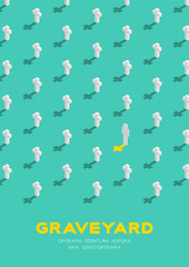Graveyard with cross 3D isometric pattern, Christian faithful rest in peace (rip) concept poster and banner vertical design illustration isolated on green background with copy space, vector eps 10