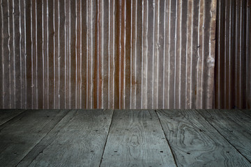 old perspective wooden floor and rusty galvanized iron