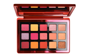 Eye shadow palette isolated on white background. Copy space.